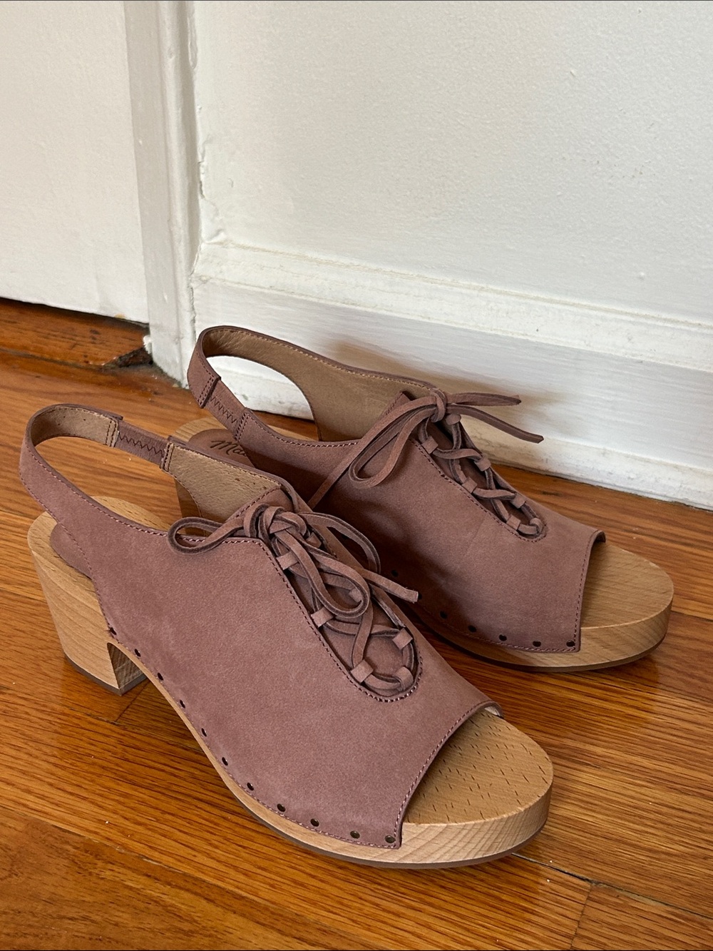 Madewell Faded Rosebud Suede Leather Lace-Up Slingback WoodenHeels